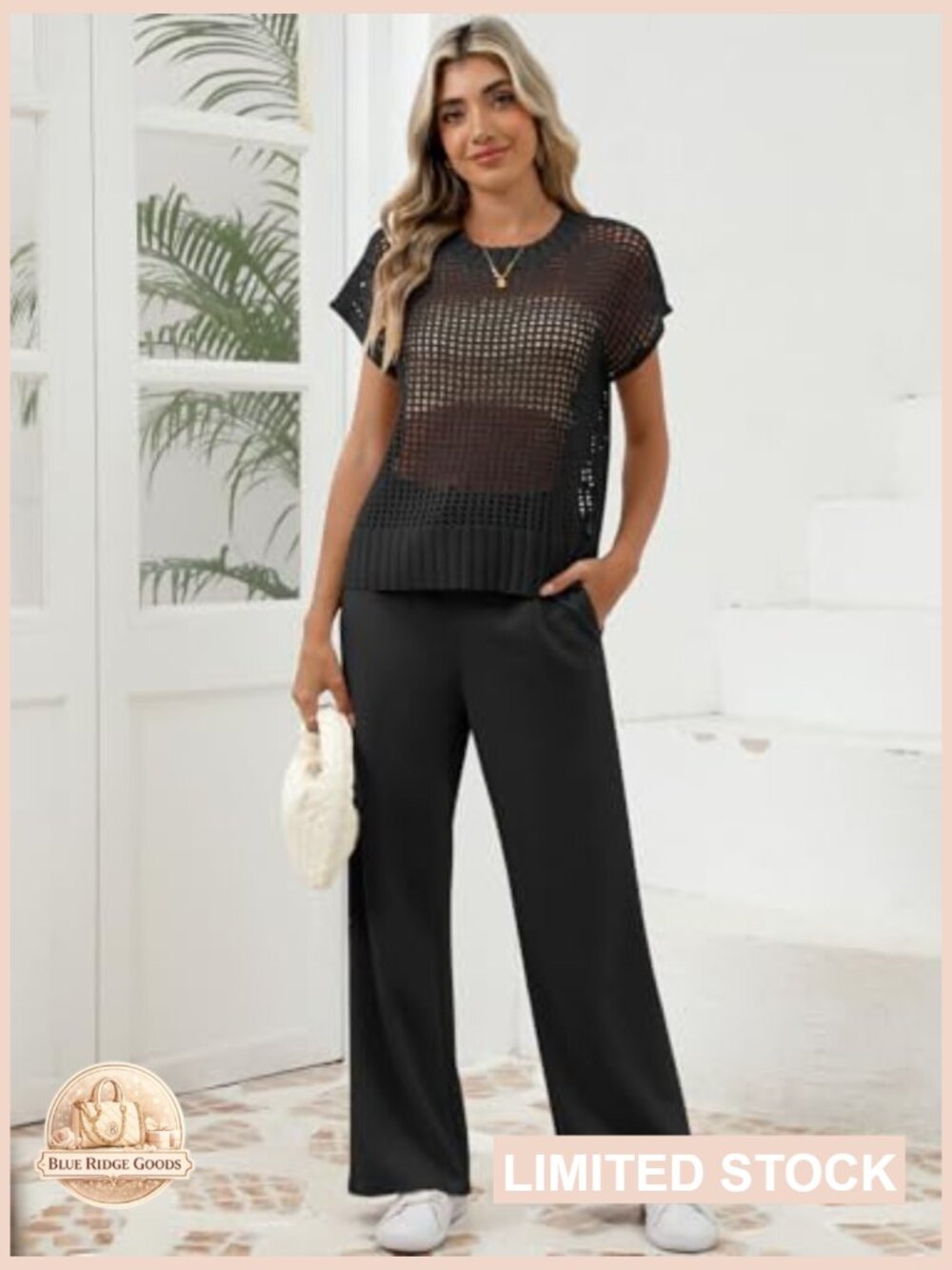 Crochet Sheer Knit Sweater Top Wide Leg Pants Lounge Set Casual Elegant - Picture 4 of 7